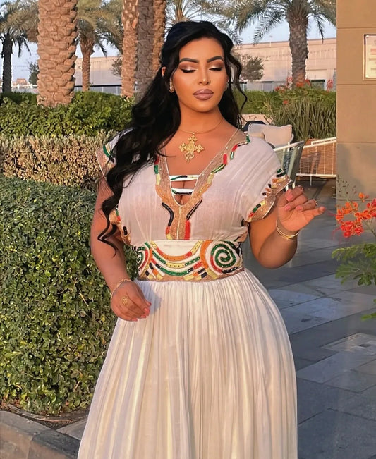 Fresh White & Light multicolor Modern Habesha Dress for Bright Days Bezawit