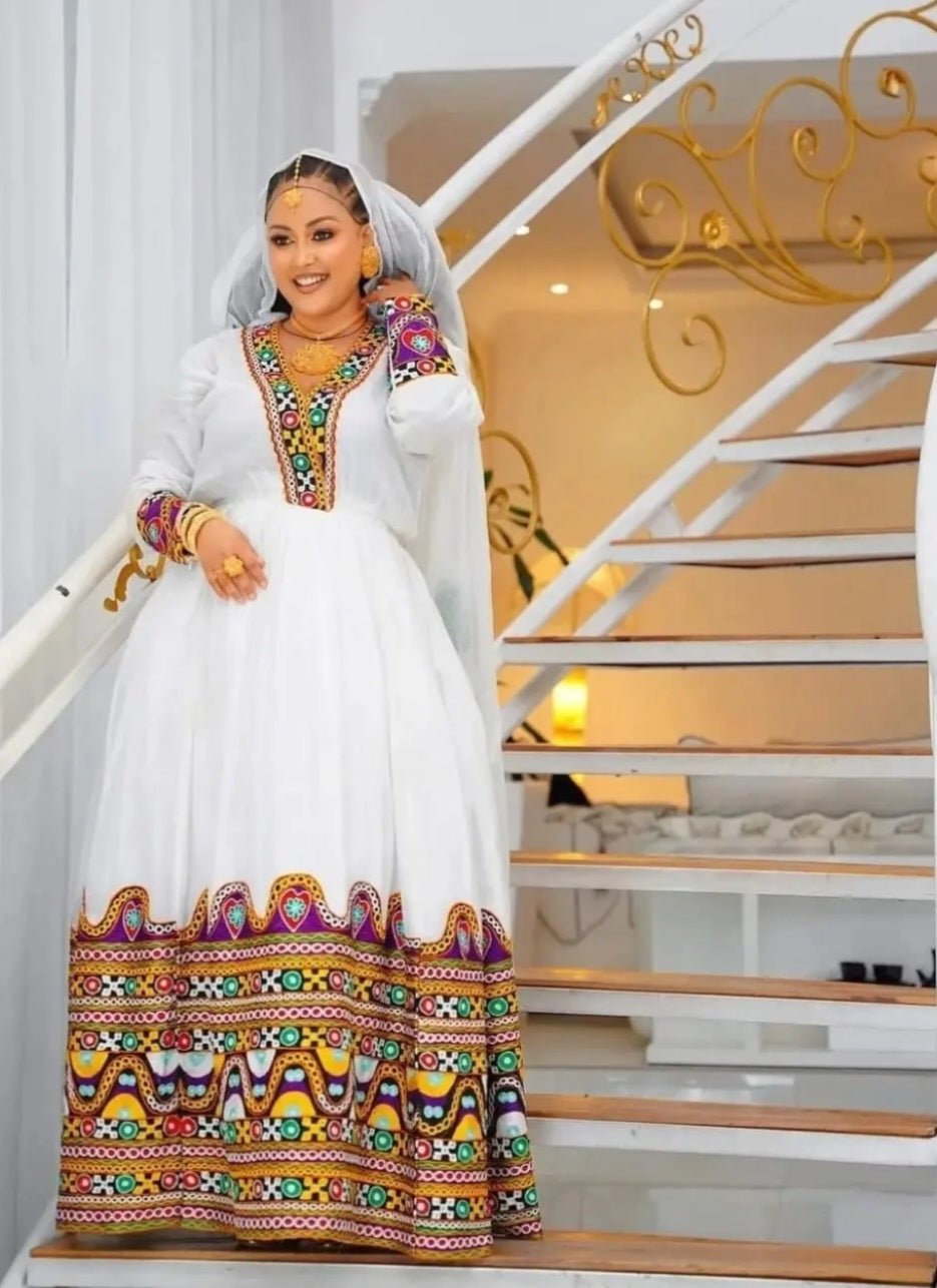Classic Custom Habesha dress with Bright Red & Gold Details Bezawit