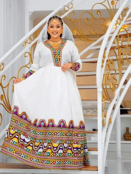 Classic Custom Habesha dress with Bright Red & Gold Details Bezawit