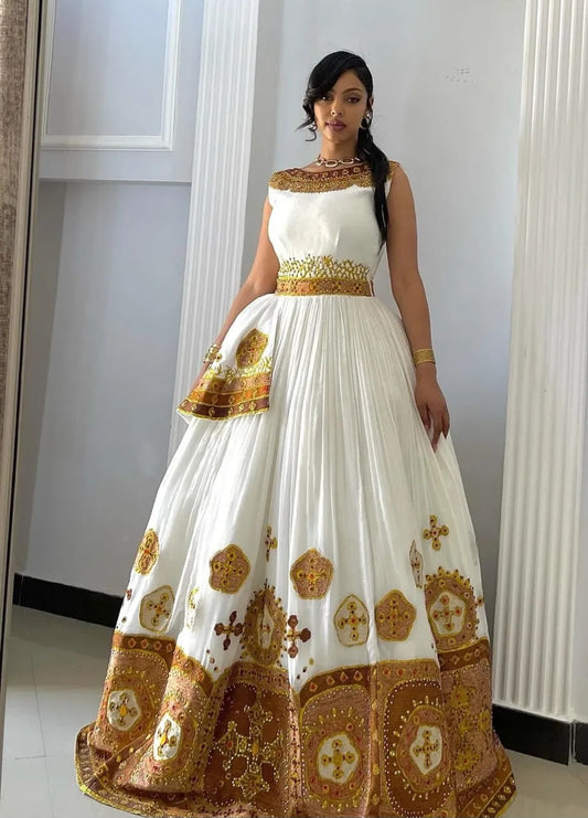 Vibrant Handwoven Habesha Zuria with Netela – Fuchsia Brown & Gold Bezawit