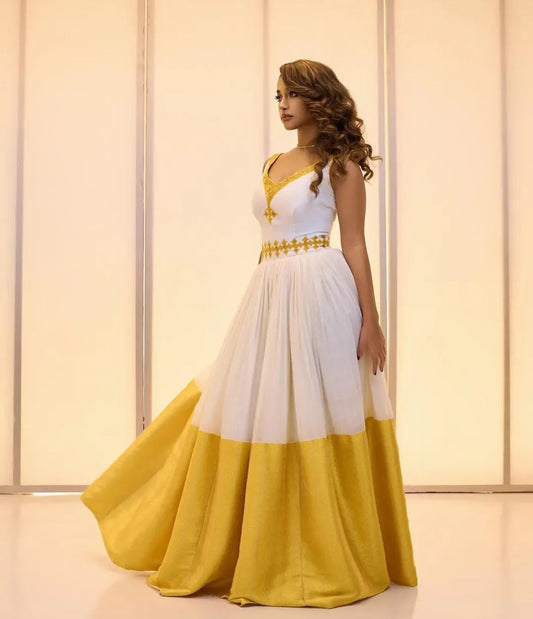 Warm Sunny yellow & Gold: Handmade Habesha dress Bezawit