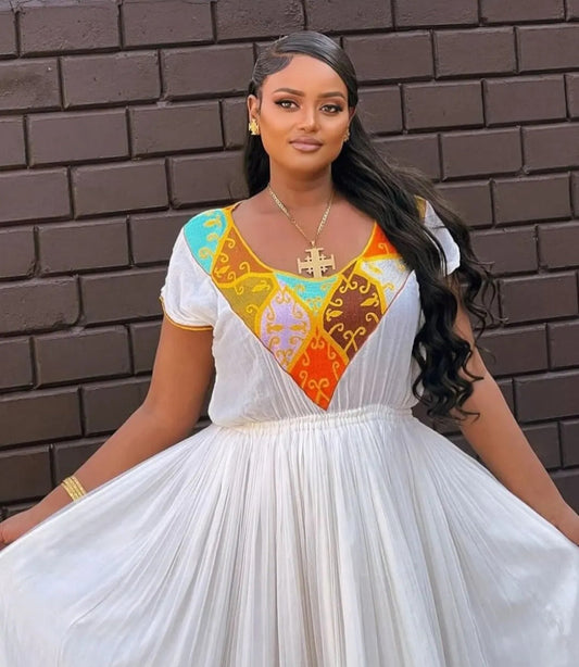 Fresh White Modern Ethiopian Dress with Orange & Gold Bezawit
