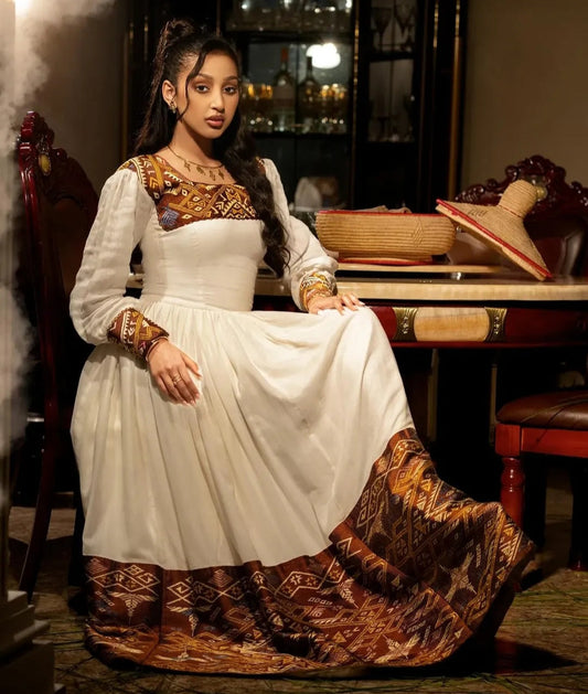 Grand Modern Habesha Dress with Cranberry Red & Gold for special event Bezawit