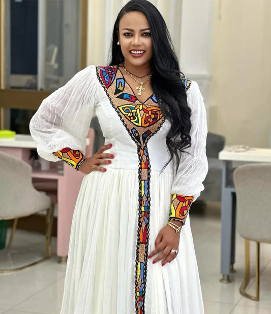 Lively White Ethiopian Dress Cultural Attire Royal Beige & Gold Bezawit
