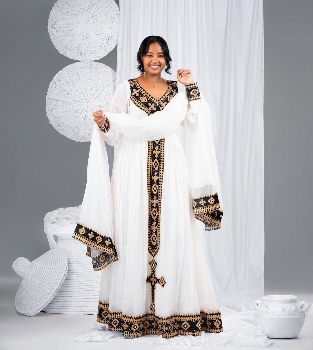 Classic Habesha Kemis Outfit - Traditional Ethiopian Dress with Black & Gold Embroidery Bezawit