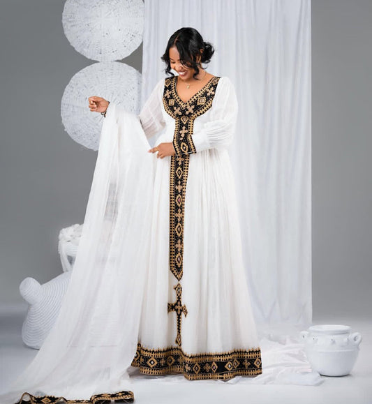 Classic Habesha Kemis Outfit - Traditional Ethiopian Dress with Black & Gold Embroidery Bezawit