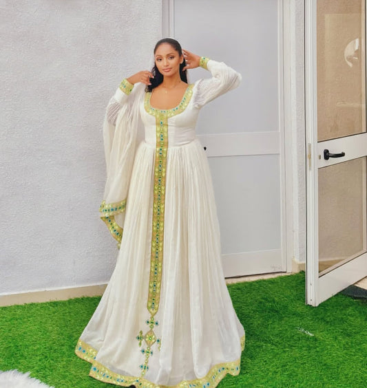 Classic Habesha Kemis for Women - Traditional Ethiopian Dress with yellow & Gold Trim Bezawit