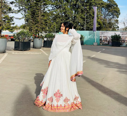 Traditional Ethiopian Habesha Kemis Dress - Handmade White Zuria with Red & Gold Borders Bezawit