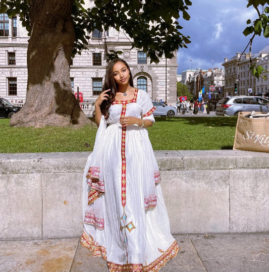 Modern Ethiopian Habesha Dress for Women - Stylish Zuria with Colorful cross Embroidery Bezawit