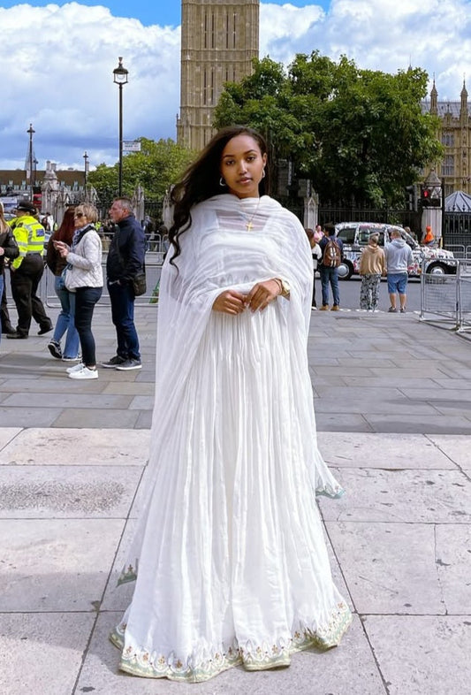 Elegant White Habesha Dress for Women - Ethiopian Traditional Dress with Blue & Gold Trim Bezawit