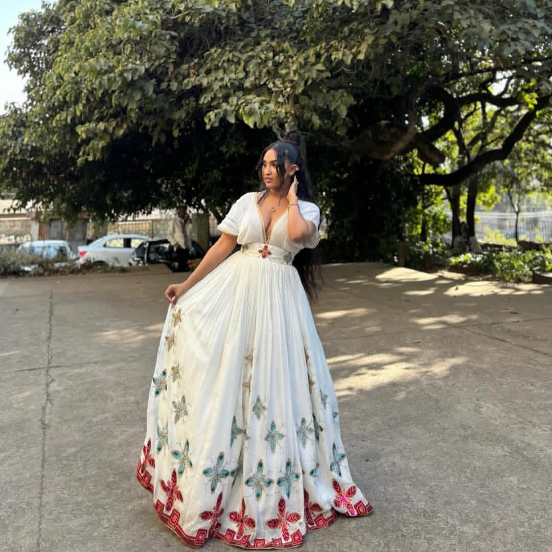 Modern Ethiopian Habesha Dress for Women - Stylish Cultural Attire with Geometric Design Bezawit