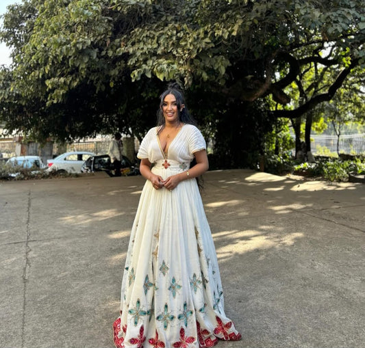 Modern Ethiopian Habesha Dress for Women - Stylish Cultural Attire with Geometric Design Bezawit