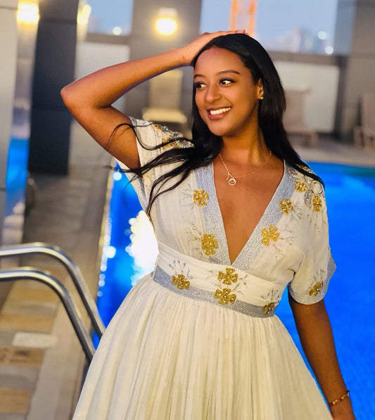Elegant Habesha Dress for Women - Modern Ethiopian Attire with Gold & Silver Trim Bezawit