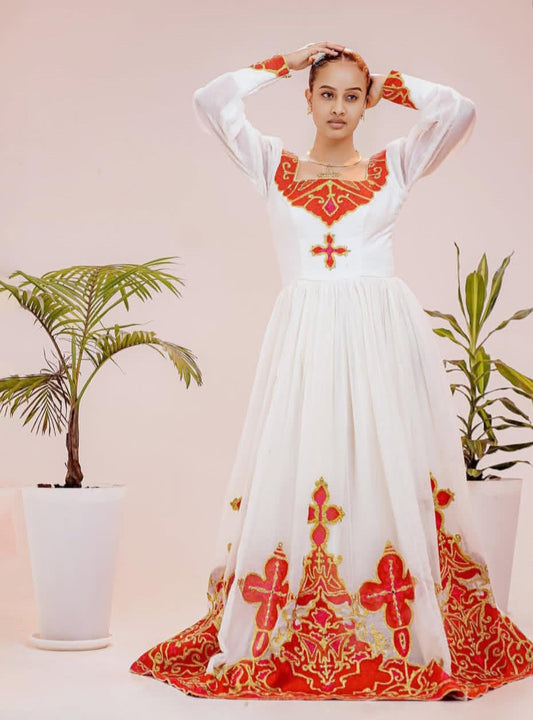 Handwoven Habesha Zuria - Traditional Ethiopian Dress with Red & Gold Details Bezawit