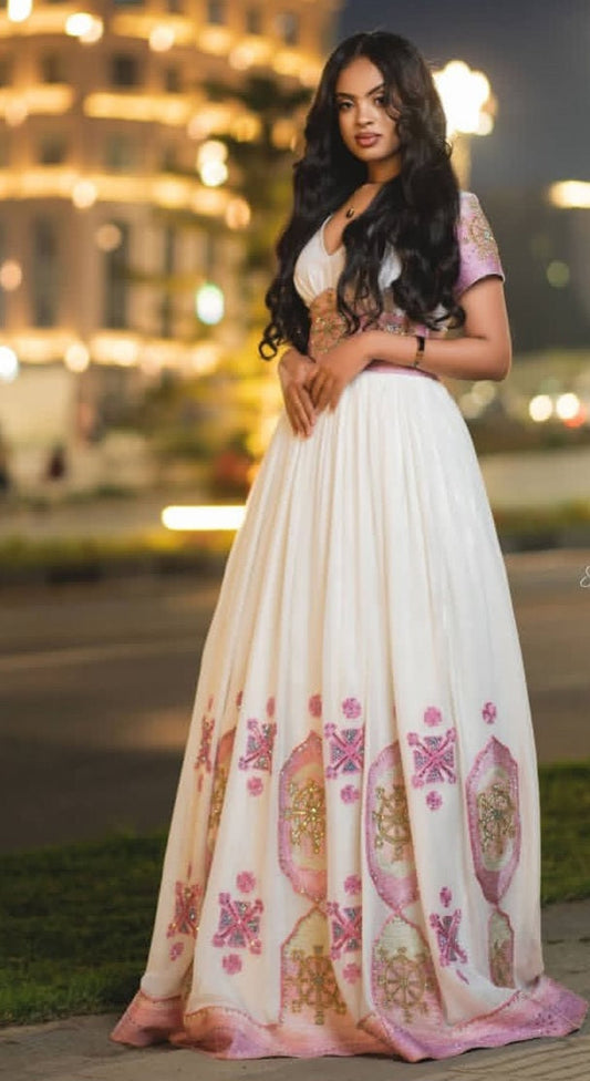 Stylish Modern Habesha Dress - Ethiopian Traditional Attire with Pink Embroidery Bezawit