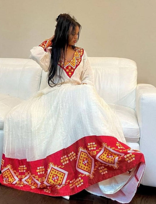Classic Habesha Dress for Women - Traditional Ethiopian Attire with Red & Yellow Border Bezawit