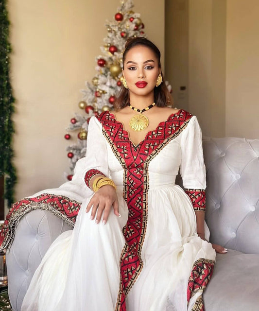 Traditional Ethiopian Habesha Kemis - Elegant White Dress with Red & Black Design Bezawit