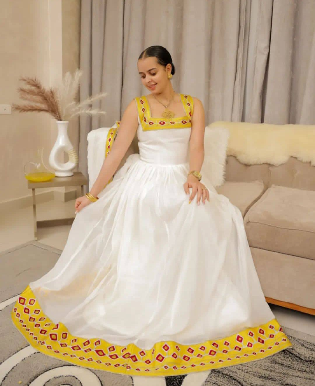 Modern Habesha Dress - White Ethiopian Attire with Yellow & Red Geometric Trim Bezawit