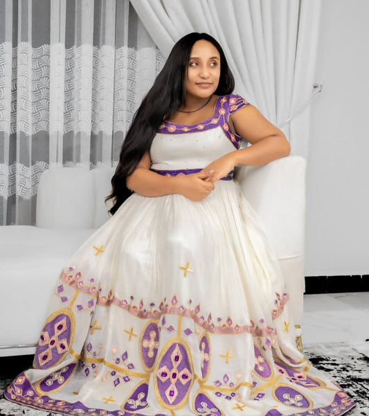 Elegant Habesha Kemis - Traditional Ethiopian Dress with Purple & Gold Embroidery Bezawit