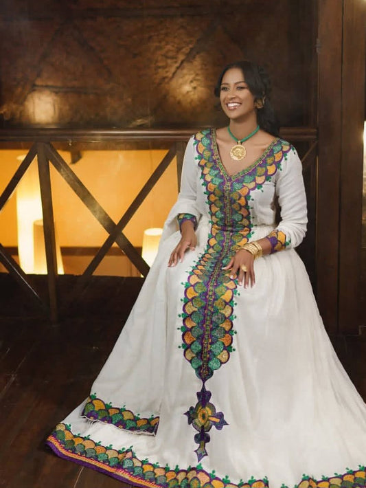 Vibrant Ethiopian Habesha Dress - Traditional Zuria with Colorful Embroidery for Women Bezawit