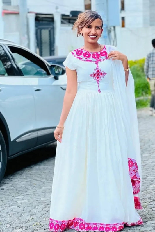 Custom Habesha Dress - White Ethiopian Zuria with Bold Pink Embroidery Bezawit