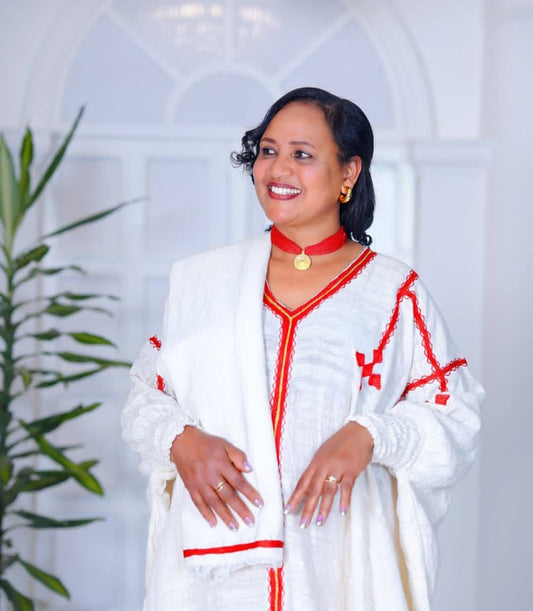 Elegant Habesha Kemis for Women - Traditional Ethiopian Dress with Red Embroidery Bezawit