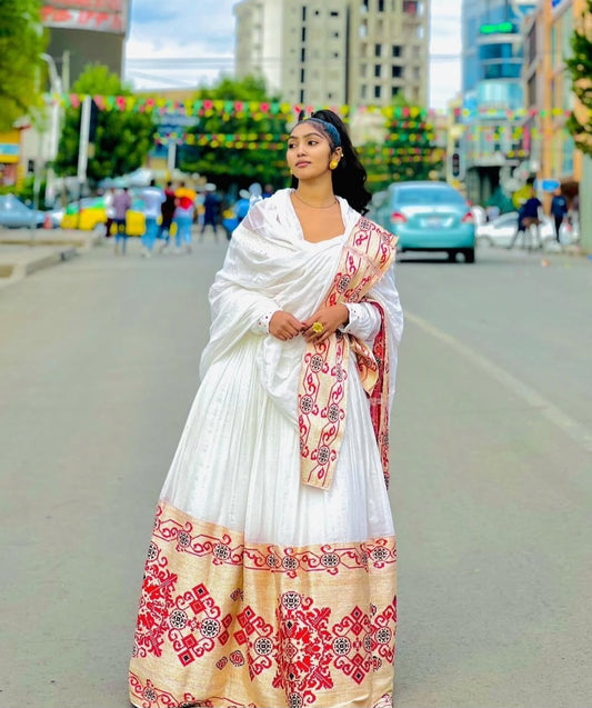 Radiant White Ethiopian Dress with Red & Gold Embroidery - Modern Habesha Zuria Bezawit