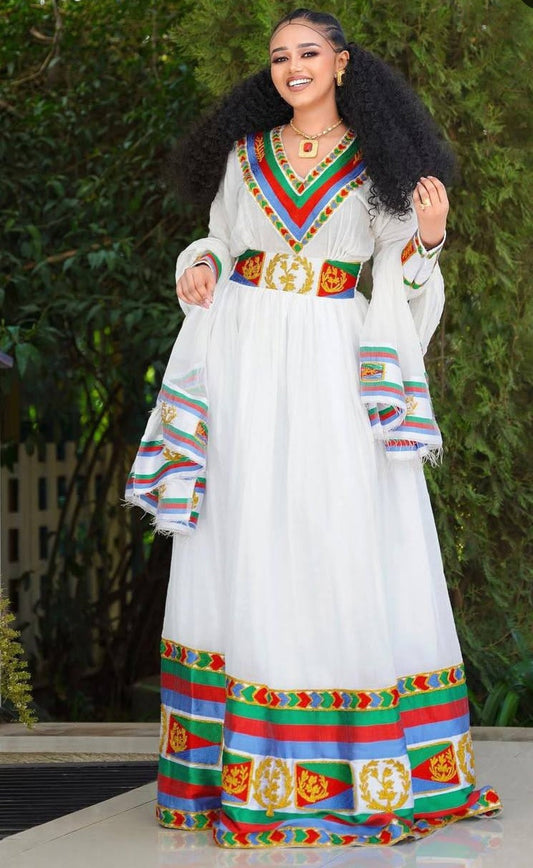White Eritrean Dress with Flag Colors - Ertirean Modern Habesha Attire Bezawit