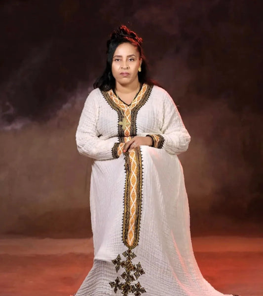 White Ethiopian Dress with Black & Gold Detail - Authentic Habesha Kemis Bezawit