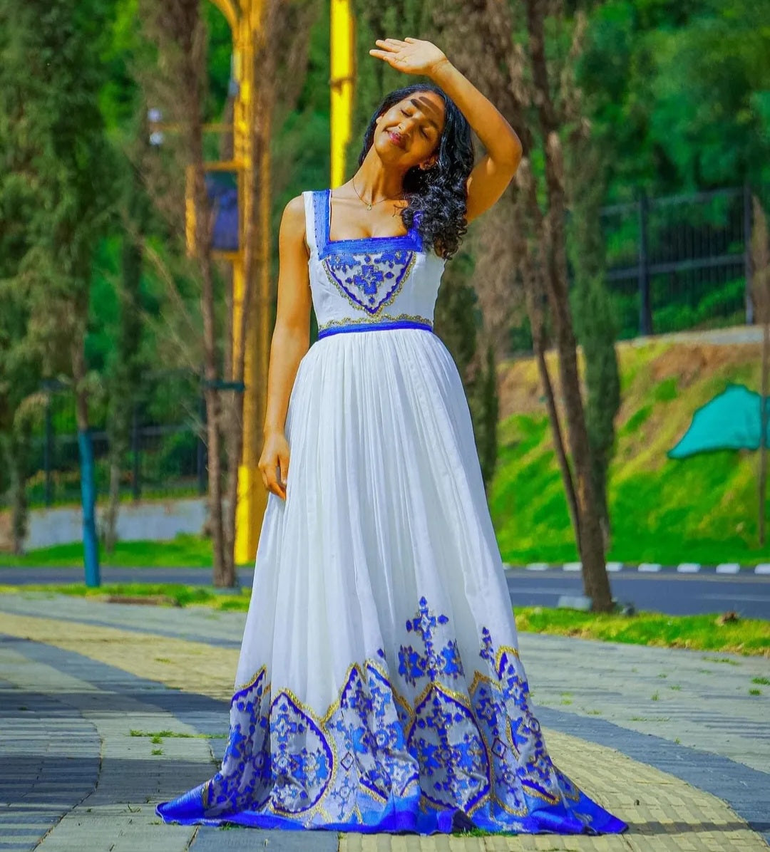 White & Blue Habesha Dress - Captivating Modern Ethiopian Attire for Women Bezawit