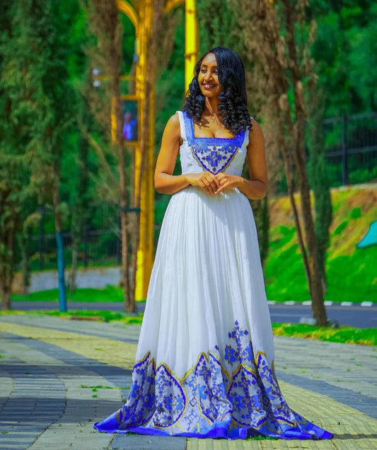 White & Blue Habesha Dress - Captivating Modern Ethiopian Attire for Women Bezawit