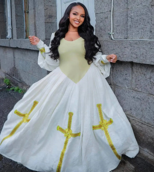 Distinctive White Habesha Dress with Golden Cross Motifs - Elegant Ethiopian Zuria Bezawit