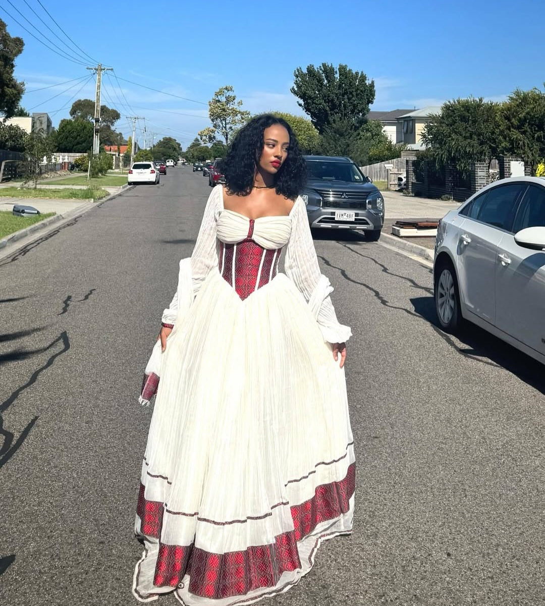 Red corset-style bodice Habesha Dress - Striking White & Red Ethiopian Zuria Bezawit