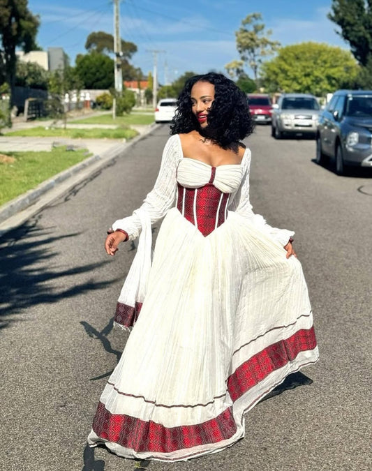 Red corset-style bodice Habesha Dress - Striking White & Red Ethiopian Zuria Bezawit