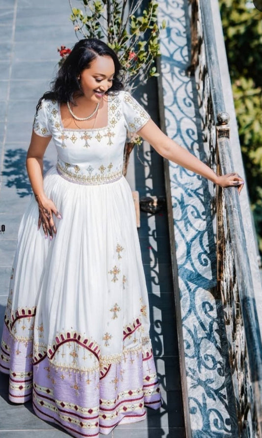 Elegant White Habesha Dress - Gold & Purple Embroidered Ethiopian Kemis Bezawit