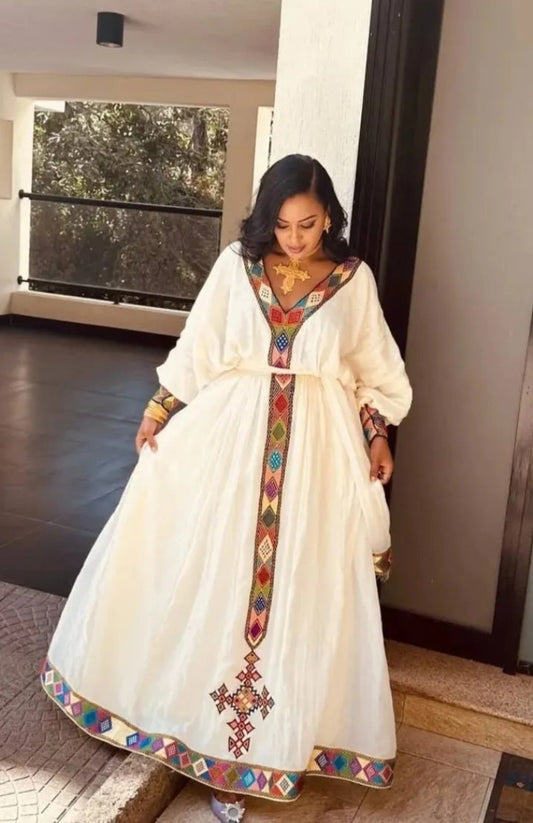 Ethiopian Zuria Embroidered colorful vertical stripe - Vibrant Habesha Dress Bezawit