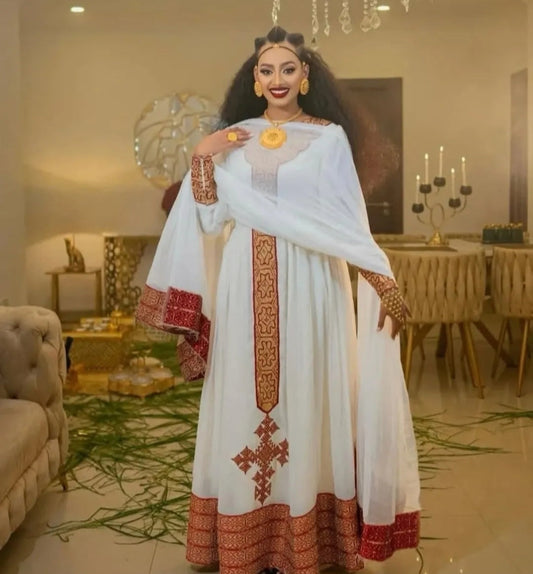 Traditional Habesha Kemis - broad red and gold embroidered stripe down the front Bezawit