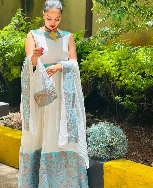 Elegant Habesha Dress - Sleeveless Ethiopian Zuria with Blue Tilet Bezawit