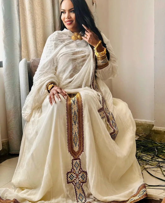 White Habesha Dress with Intricate Multi-Color Tibeb - Regal Ethiopian Kemis Bezawit