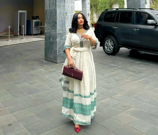 Classic Habesha Dress - Elegant White Ethiopian Zuria Dress with Green Details Bezawit