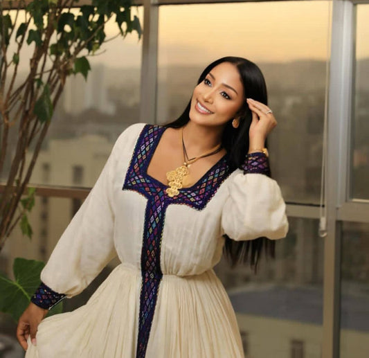 Vibrant White Habesha Zuria - Ethiopian Dress with Multi-Color Tilet Bezawit