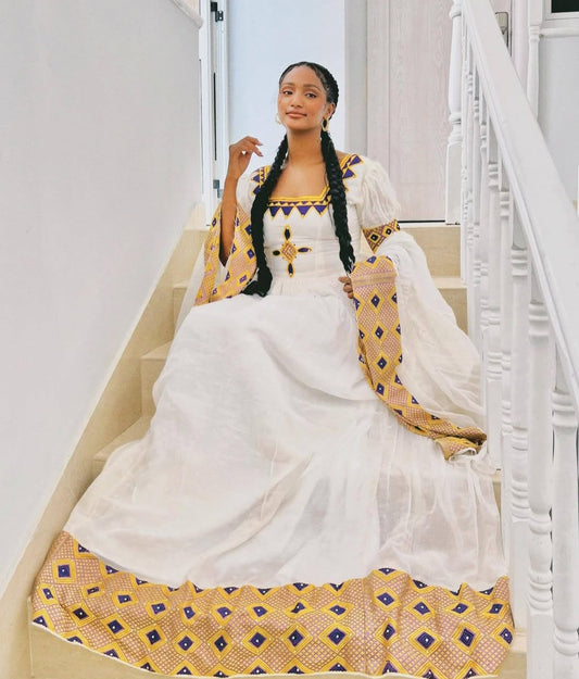 Vibrant Habesha Dress - White & Orange Ethiopian Zuria Bezawit
