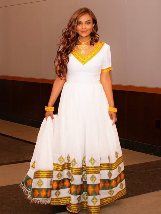 Striking Habesha Dress -prominent red bodice and red border Cultural Attire Bezawit
