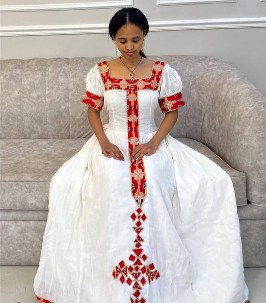 Simple Ethiopian Kemis with Bold Red & Gold Tibeb with cross motif Bezawit