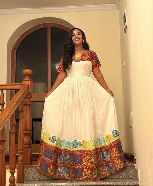 Ivory Habesha Dress with Royal Multi-Color Tibeb – Timeless Ethiopian Zuria Bezawit