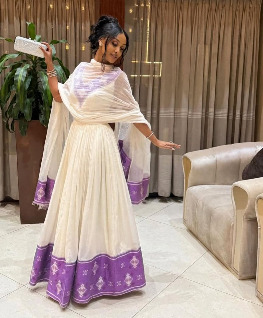Pristine White Habesha Kemis with Purple & White Tibeb – Classic Ethiopian Kemis Bezawit