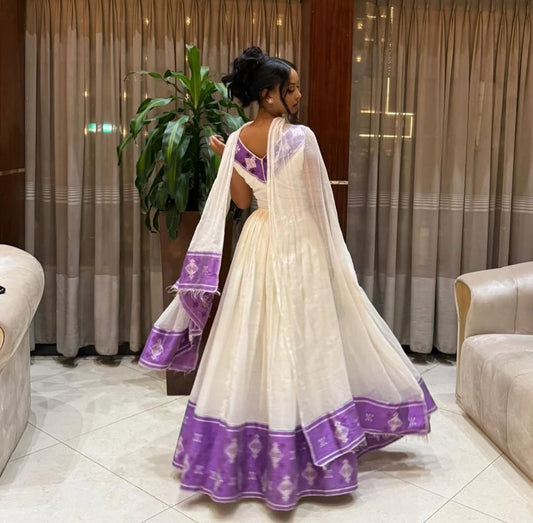 Pristine White Habesha Kemis with Purple & White Tibeb – Classic Ethiopian Kemis Bezawit
