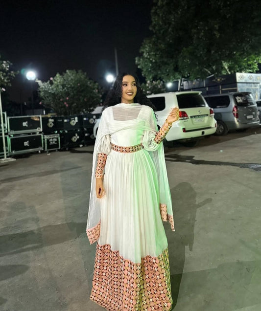 Modern White Habesha Dress with Peach orange & Gold Tibeb – Chic Ethiopian Attire Bezawit