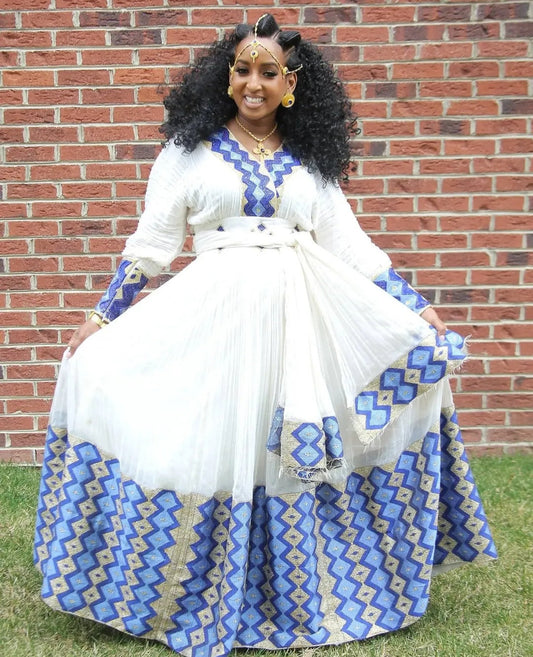 Traditional Ethiopian Zuria - Dazzling White Habesha Dress with Blue & Gold Embroidery Bezawit