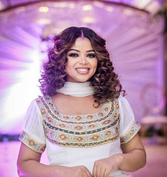 Elegant White Habesha Dress with Golden & Beige Tibeb – Modern Ethiopian Attire Bezawit